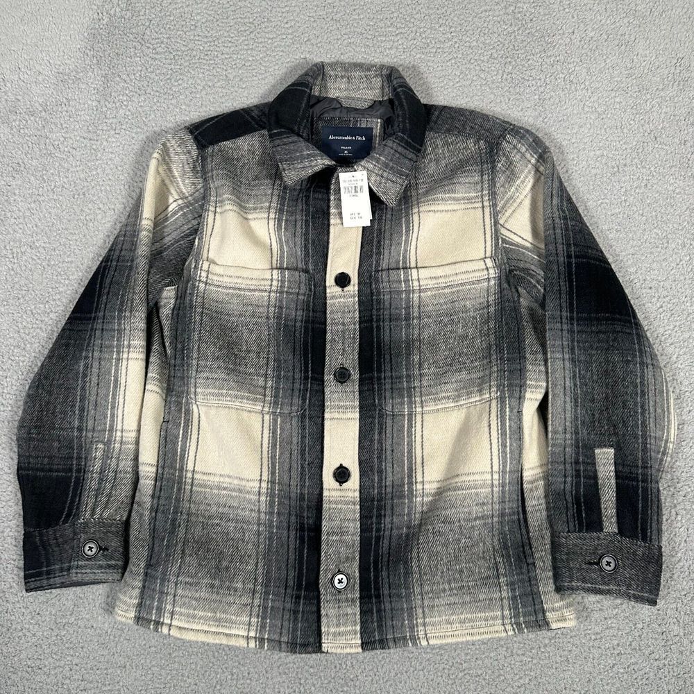 Abercrombie & Fitch Shirt Jacket Mens XS Cream Plaid Button Shacket Relaxed New‎